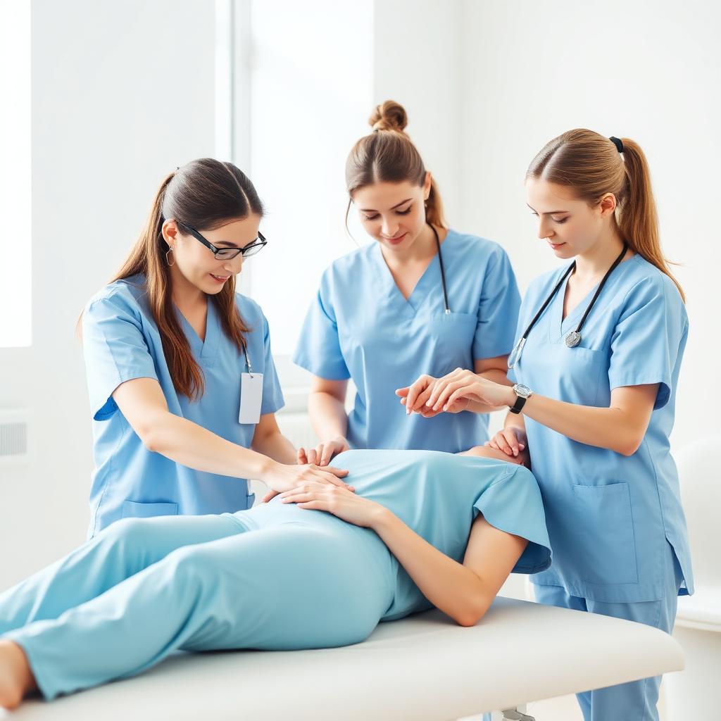 Equipe de fisioterapeutas atendendo uma paciente na clínica